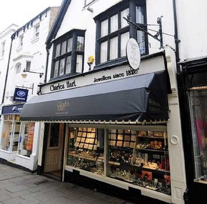 The medieval-era shopfront of Charles Hart Jewellers at 4 Cheap Street, Frome, occupied by the Hart family business since 1983